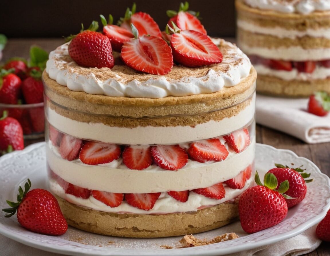 Dessertschicht aus Biskuits, Mascarpone, Erdbeeren anlegen - Erdbeer-Tiramisu mit Mascarpone und Sahne: Ein himmlisches Dessert für jeden Anlass