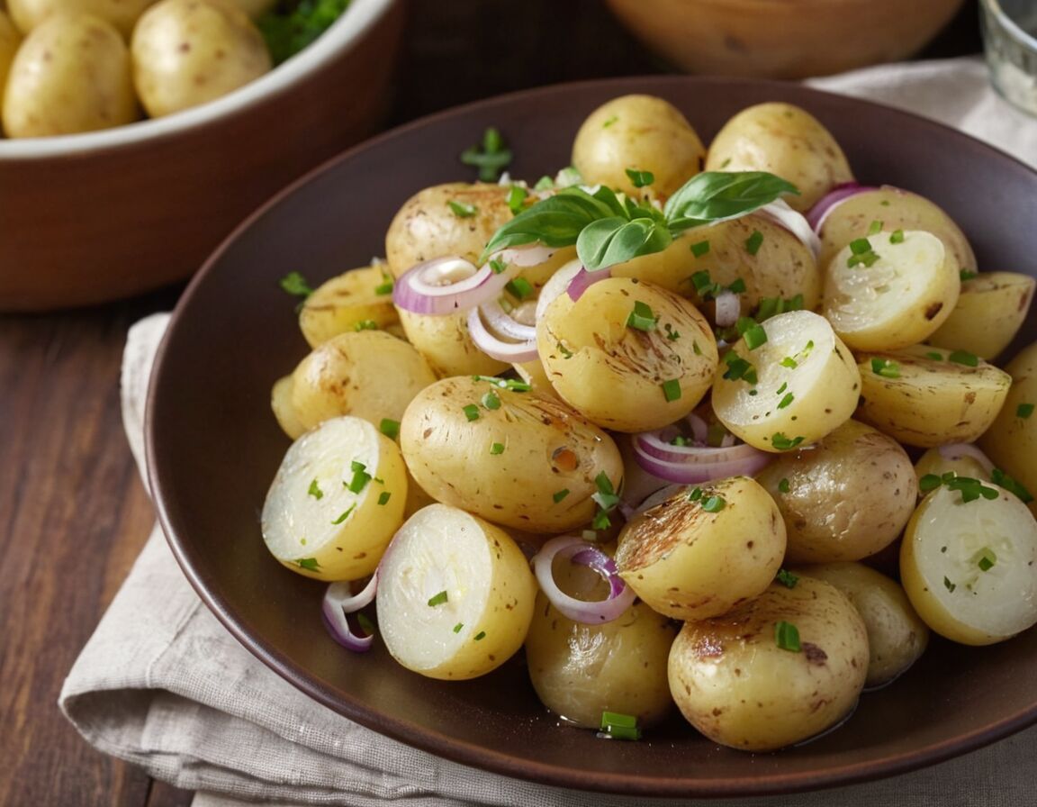 Kartoffelsalat mit Zwiebeln und Essig anrichten - Einfache Kartoffelgerichte mit wenig Zutaten: Schnelle Rezepte für jeden Tag