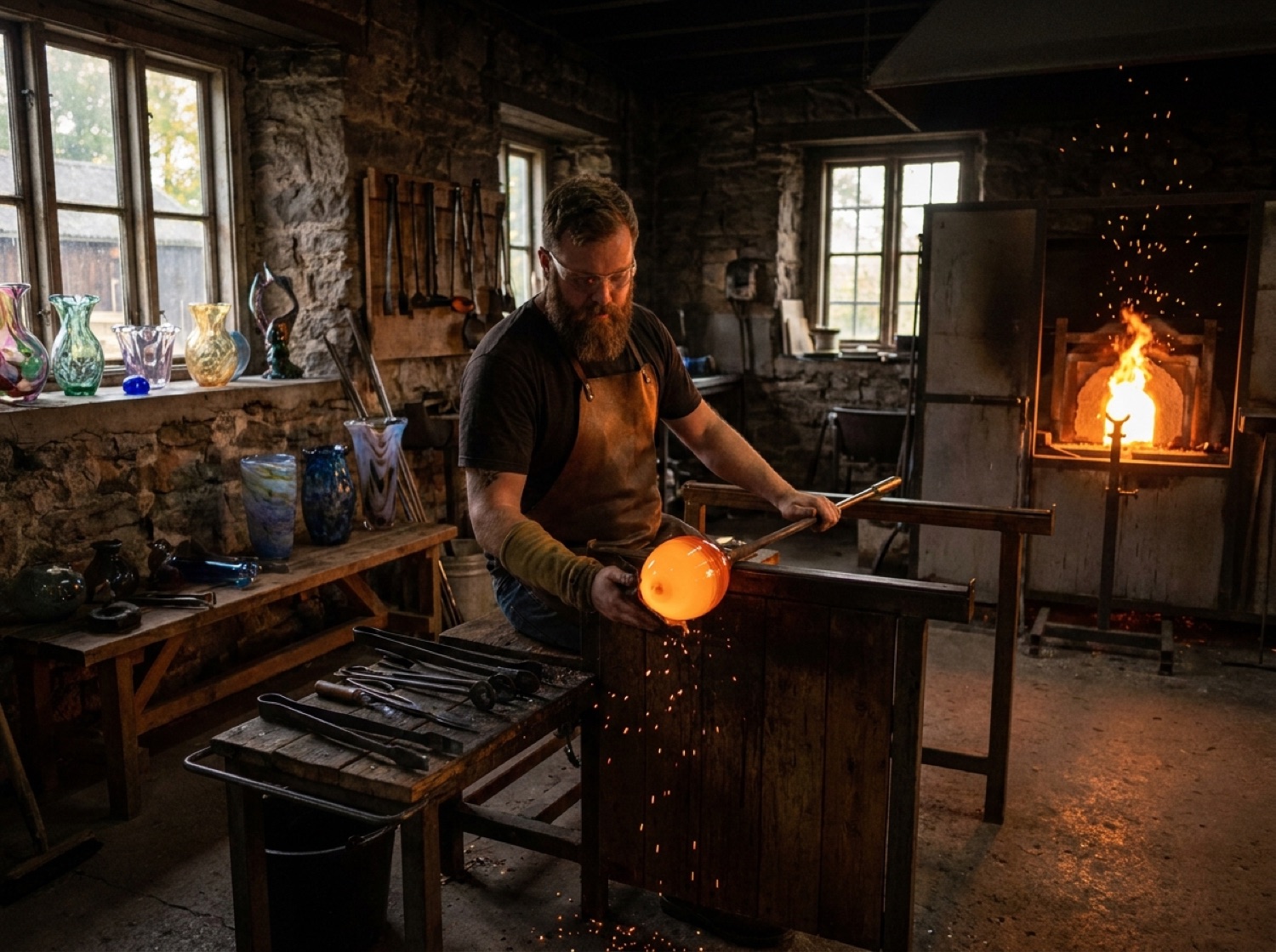Glasbläser bei der Arbeit an geschmolzenem Glas in einer traditionellen Glashütte